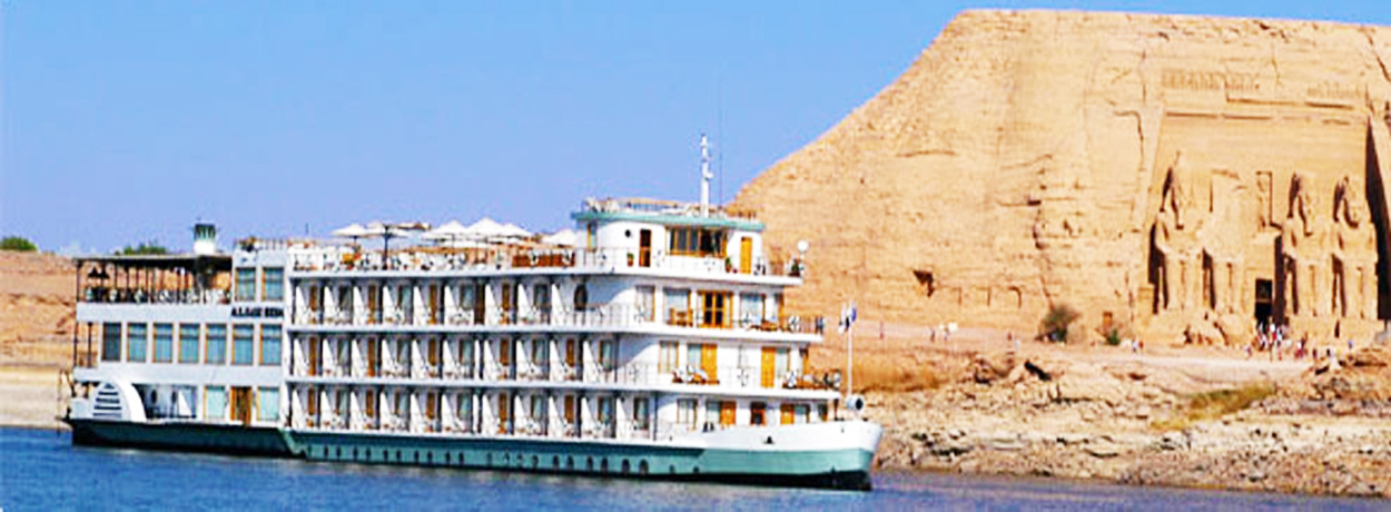 Lake Nasser cruise ship sailing beside Abu Simbel