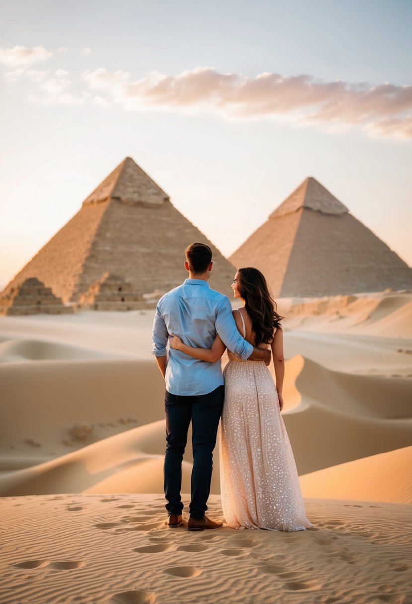 Couple sharing a romantic sunset beside the Giza Pyramids