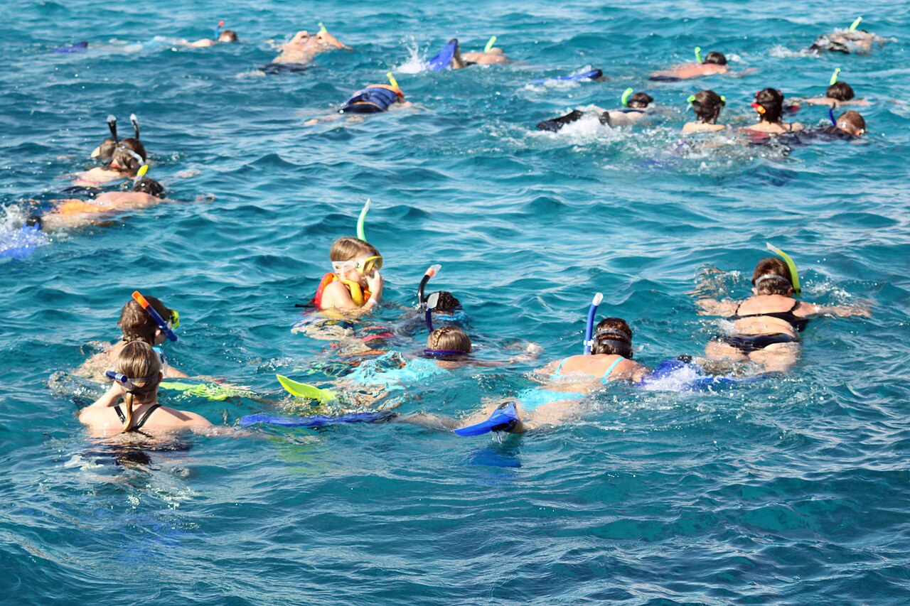 Travelers snorkeling together in the clear Red Sea at Hurghada