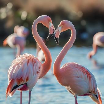 Flamingos forming a heart beside the water