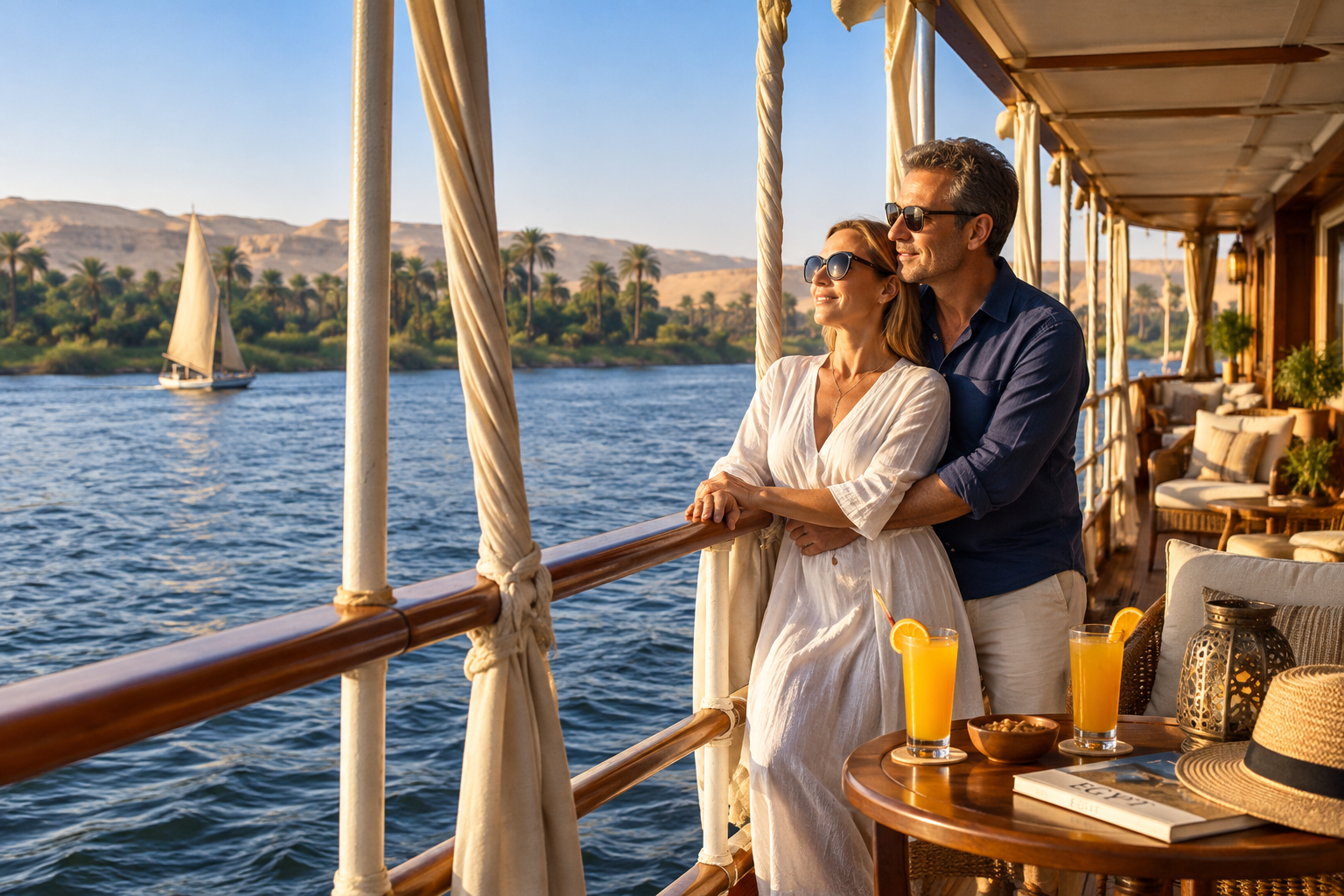 Couple enjoying a private boat experience on their Egypt honeymoon
