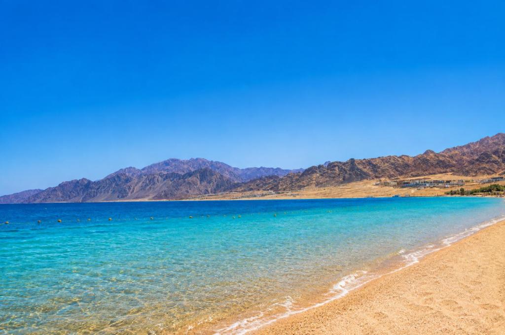 Dahab coastline with the Gulf of Aqaba and Sinai mountains