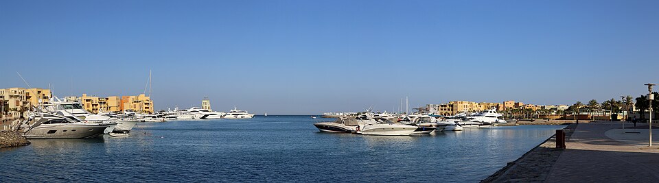 Yachts and colourful waterfront buildings at El Gouna New Marina